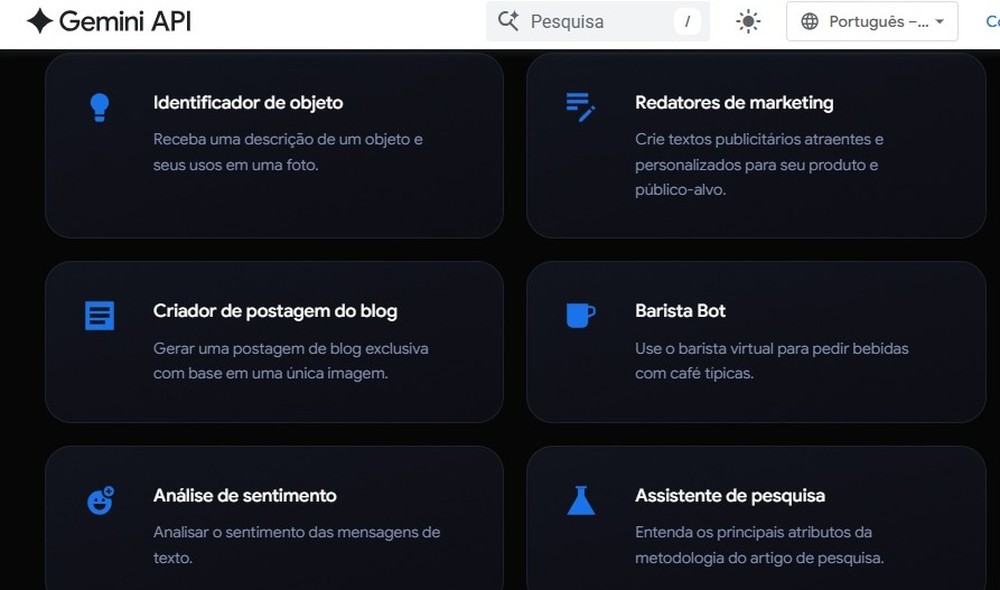 Plataforma reúne exemplos e materiais de prompting desenvolvidos pelo Google para demonstrar formas de usar o Gemini — Foto: Diedrich Bader/TechTudo
