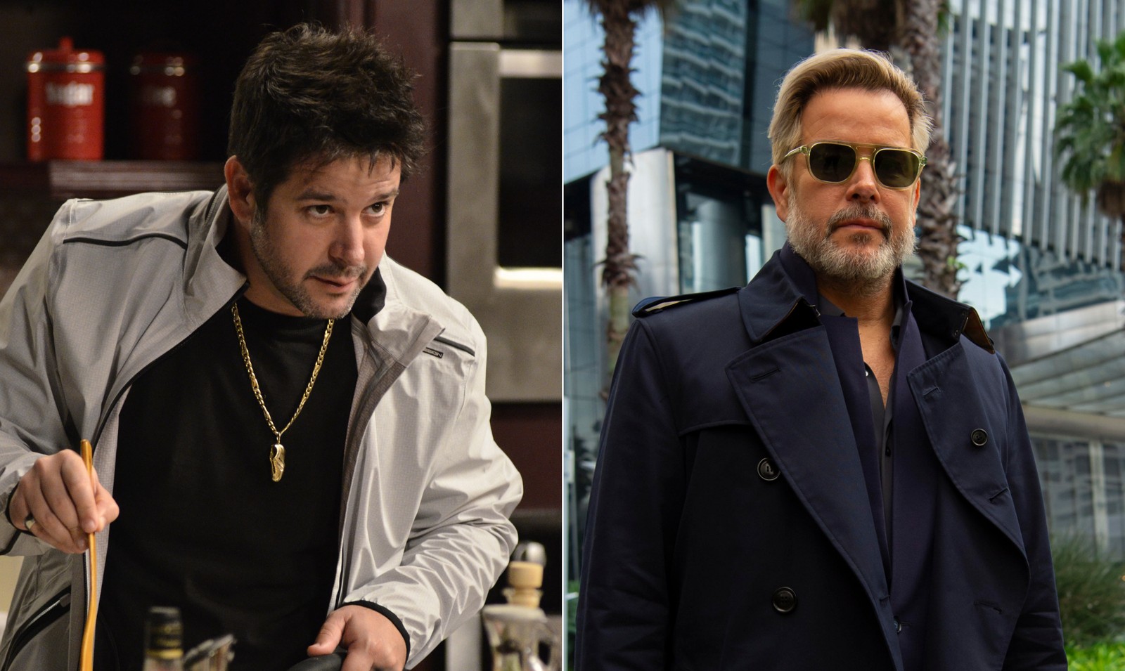 Murilo Benício como o jogador de futebol aposentado Tufão (à esquerda, em 'Avenida Brasil') e, em 2026, como o vilão Ferette, de "Três Graças" — Foto: Divulgação TV Globo
