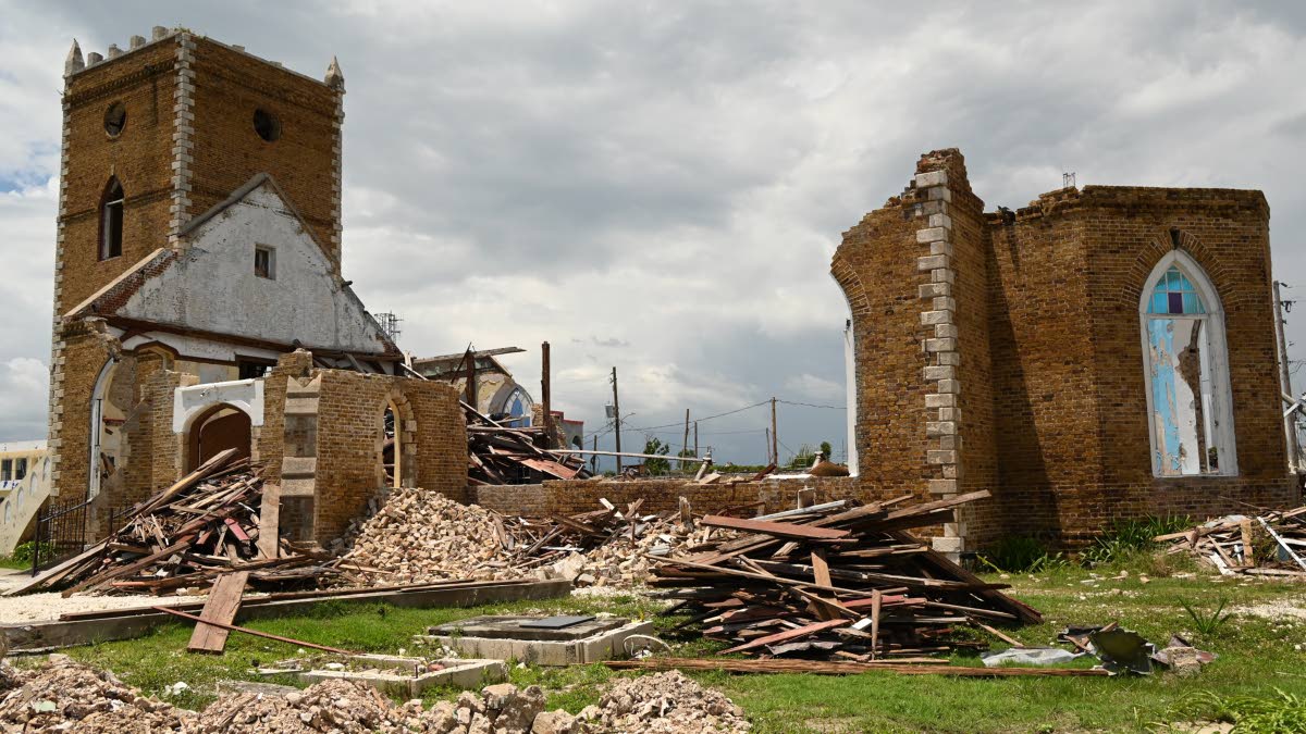 The ruined St John’s Anglican Church, the St Elizabeth Parish Church, in Black River following the passage of Hurricane Melissa.