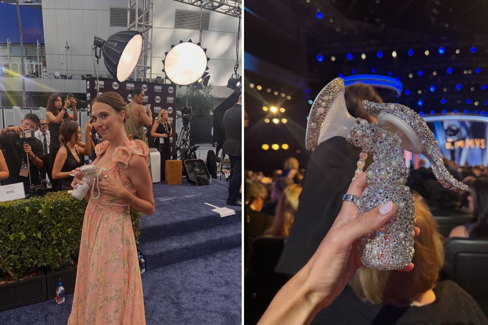 Taylor Cox usou o acessório com pedras brilhantes combinando com o seu vestido para a cerimônia — Foto: Instagram/Reprodução