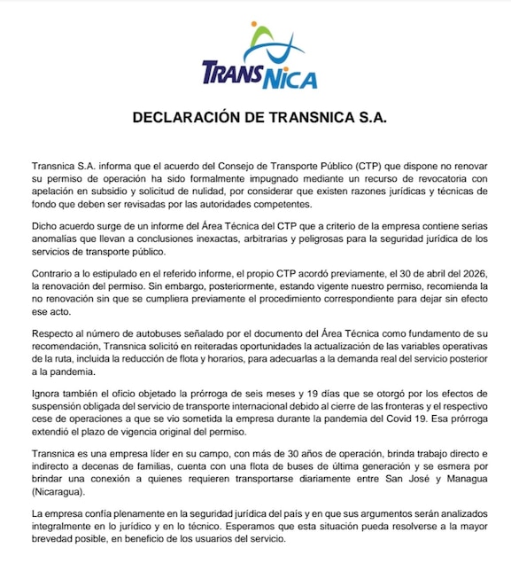 O Conselho de Transporte Público da Costa Rica não renovou a licença da Transnica para a rota Manágua-San José