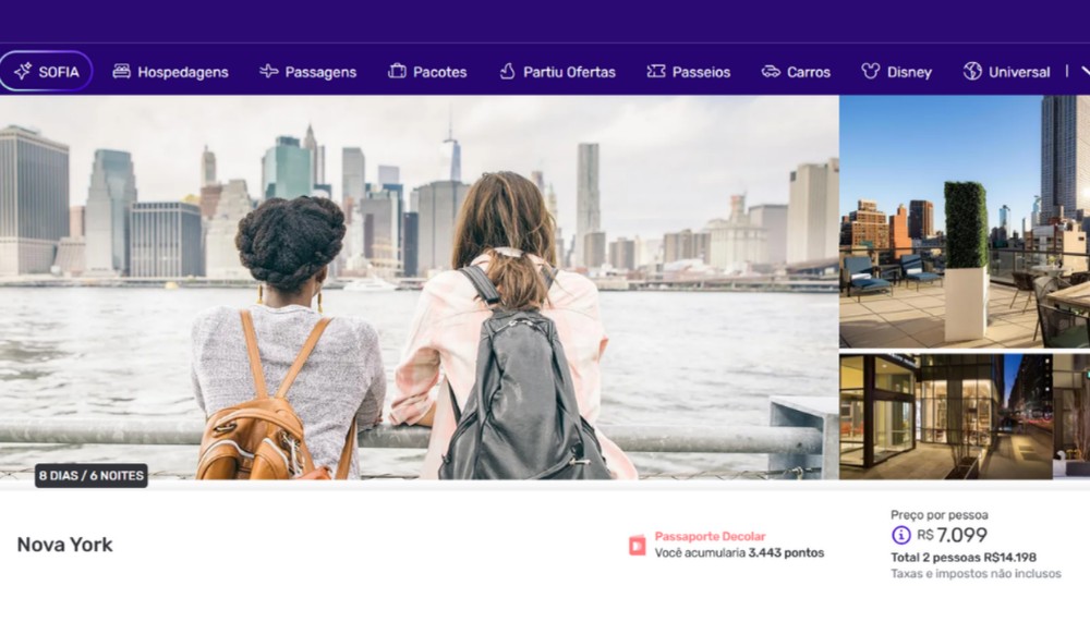É possível comprar uma viagem para Nova York, para duas pessoas, com o possível preço do iPhone Duo — Foto: Reprodução/Decolar.com
