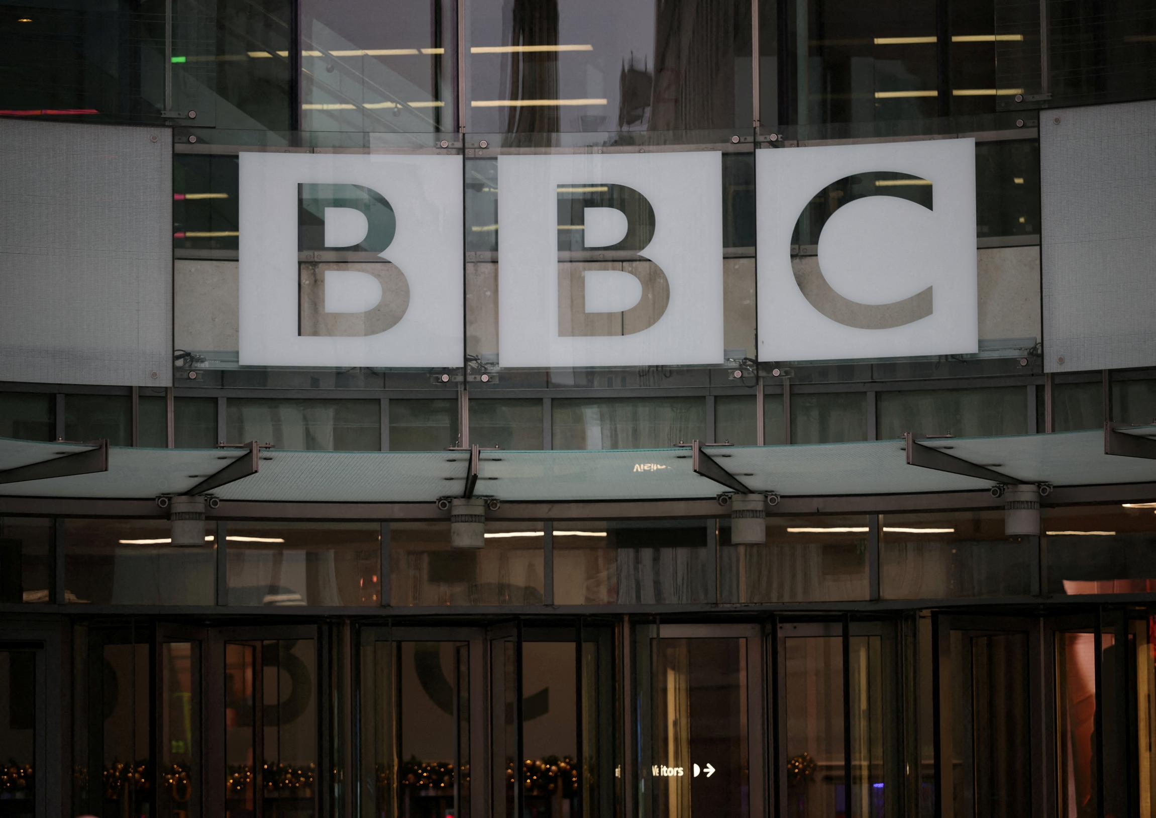 BBC logo outside the BBC Broadcasting House, after US President Donald Trump sued the BBC for up to $10 billion in damages over edited clips of a speech, in London, England, December 16, 2025.