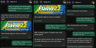 Meta AI no WhatsApp gera imagem de 'Fl&aacute;vio 22', mas recusa 'Lula 13' e 'Fl&aacute;vio Bolsonaro 22' Foto: Reprodu&ccedil;&atilde;o