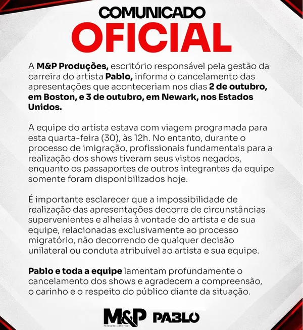 Após cancelar show nos EUA e ser acusado de calote, Pablo se explica